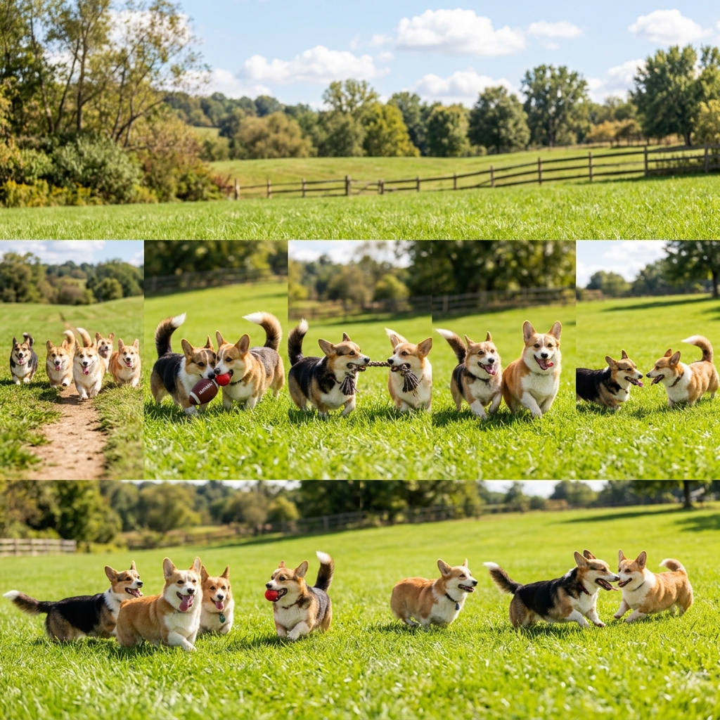 Pembroke Welsh Corgis playing on green grass