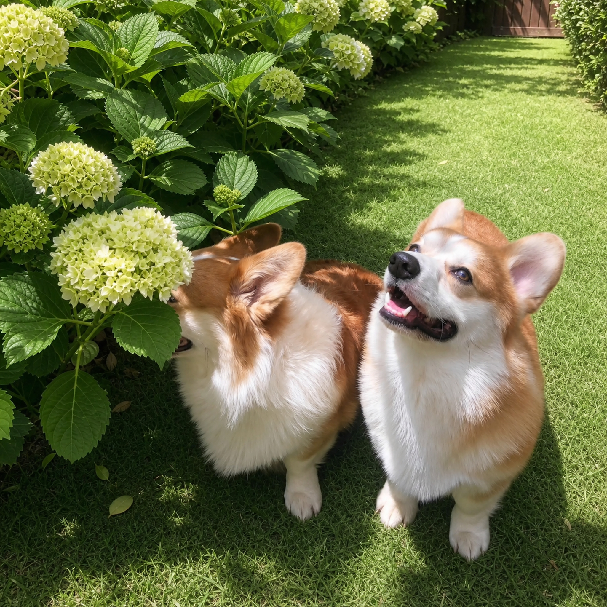 Two Honeyhills Pembroke Welsh Corgis enjoying sunshine in their home garden